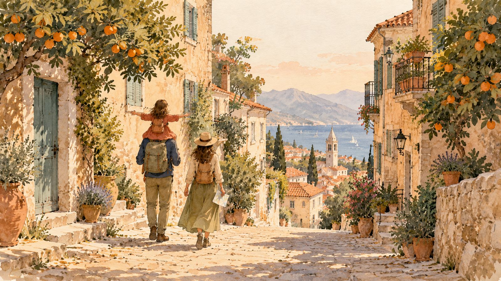 Illustration: a family walking down a sunny old-town street lined with orange trees, the girl riding on her father's shoulders.