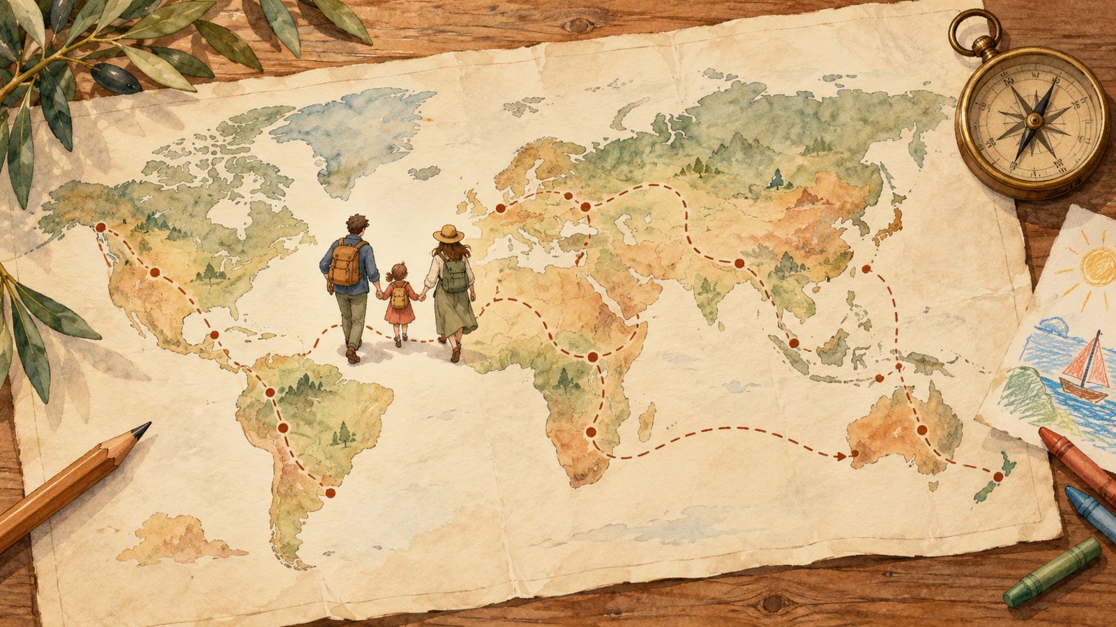 Illustration: three small figures walking along a dotted travel route across an old world map.